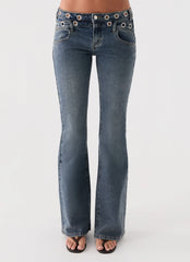 Carson Low Rise Eyelet Jeans - Blue Wash